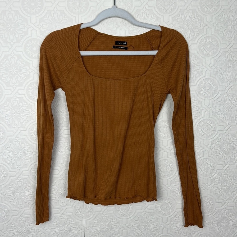 Urban Outfitters Ribbed Thermal Long Sleeve Shirt Square Neck Burnt Orange Scoop